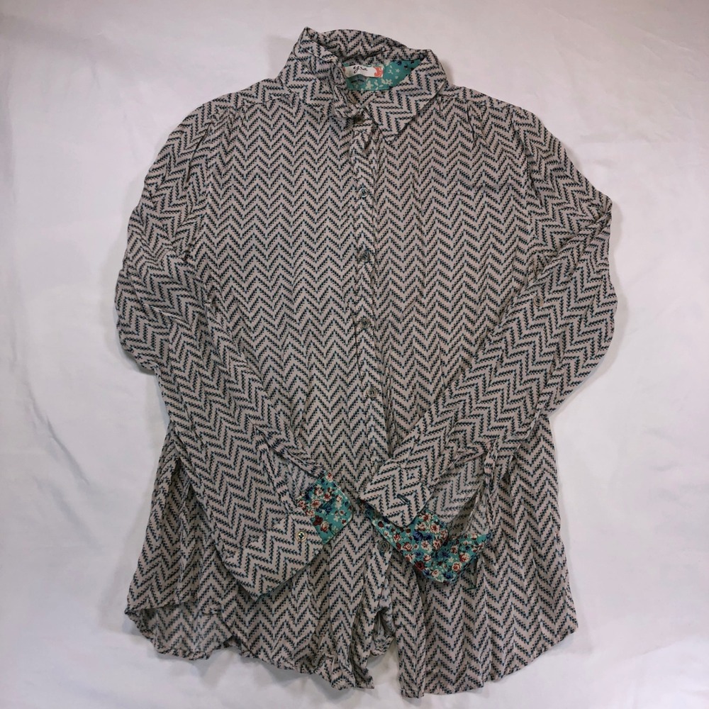 Ezra Womens Chevron Print Button Down Shirt Lace Split Back Teal Tan Size L